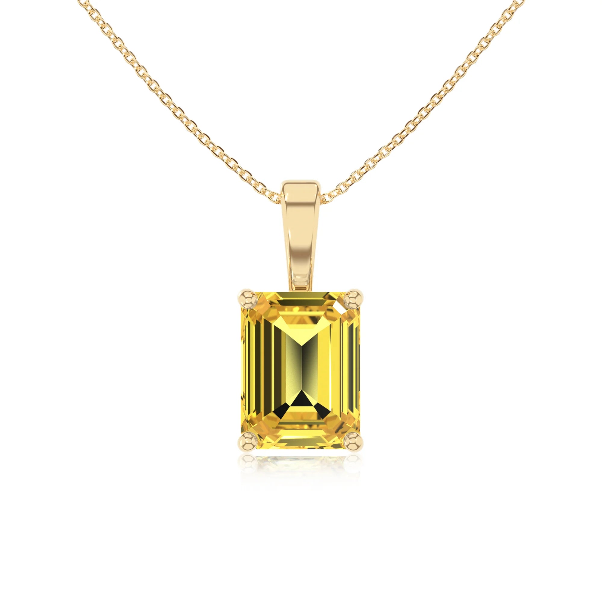 lab grown yellow-sapphire emerald cut solitaire necklaces in yellow gold 