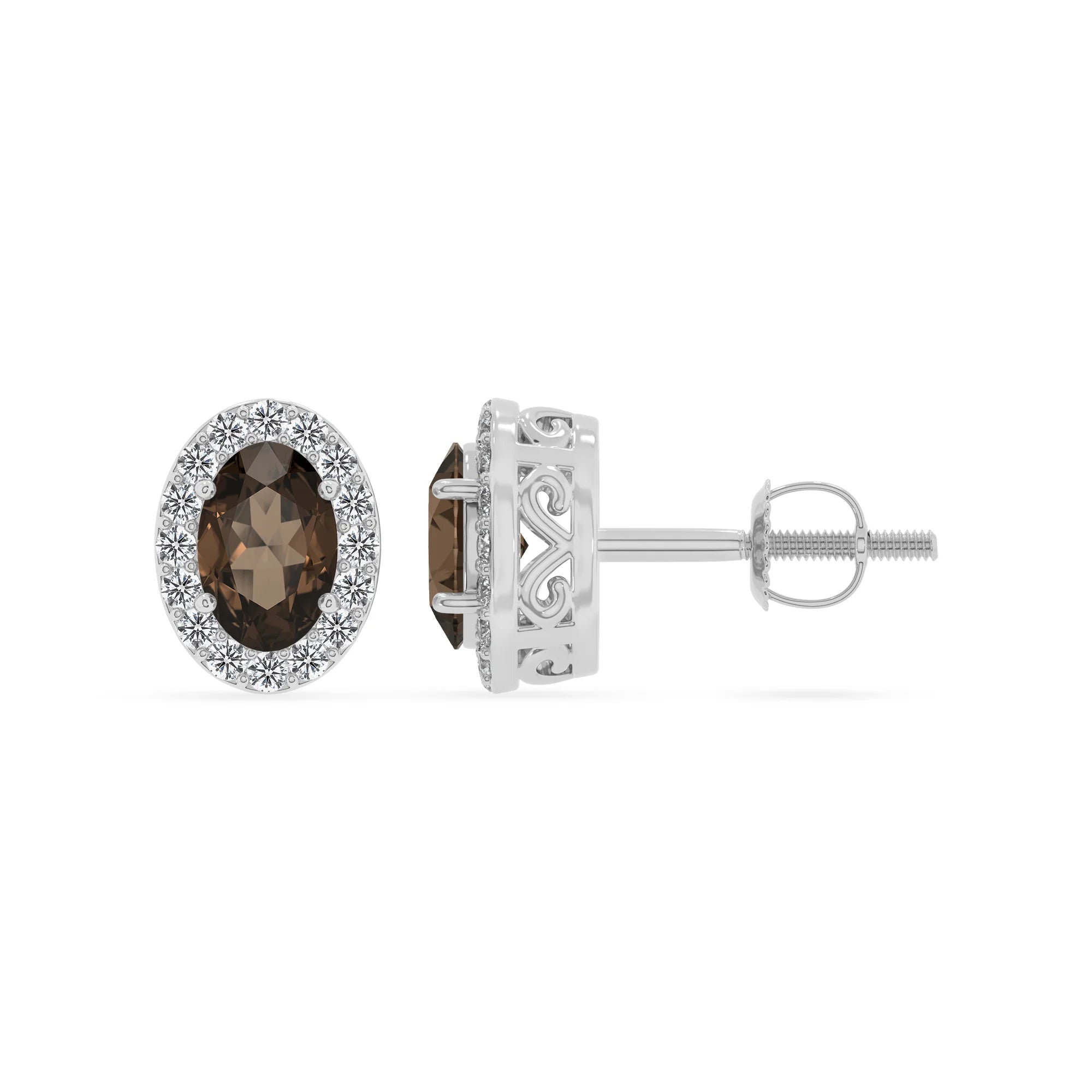 natural smoky quartz oval stud earrings in white gold 