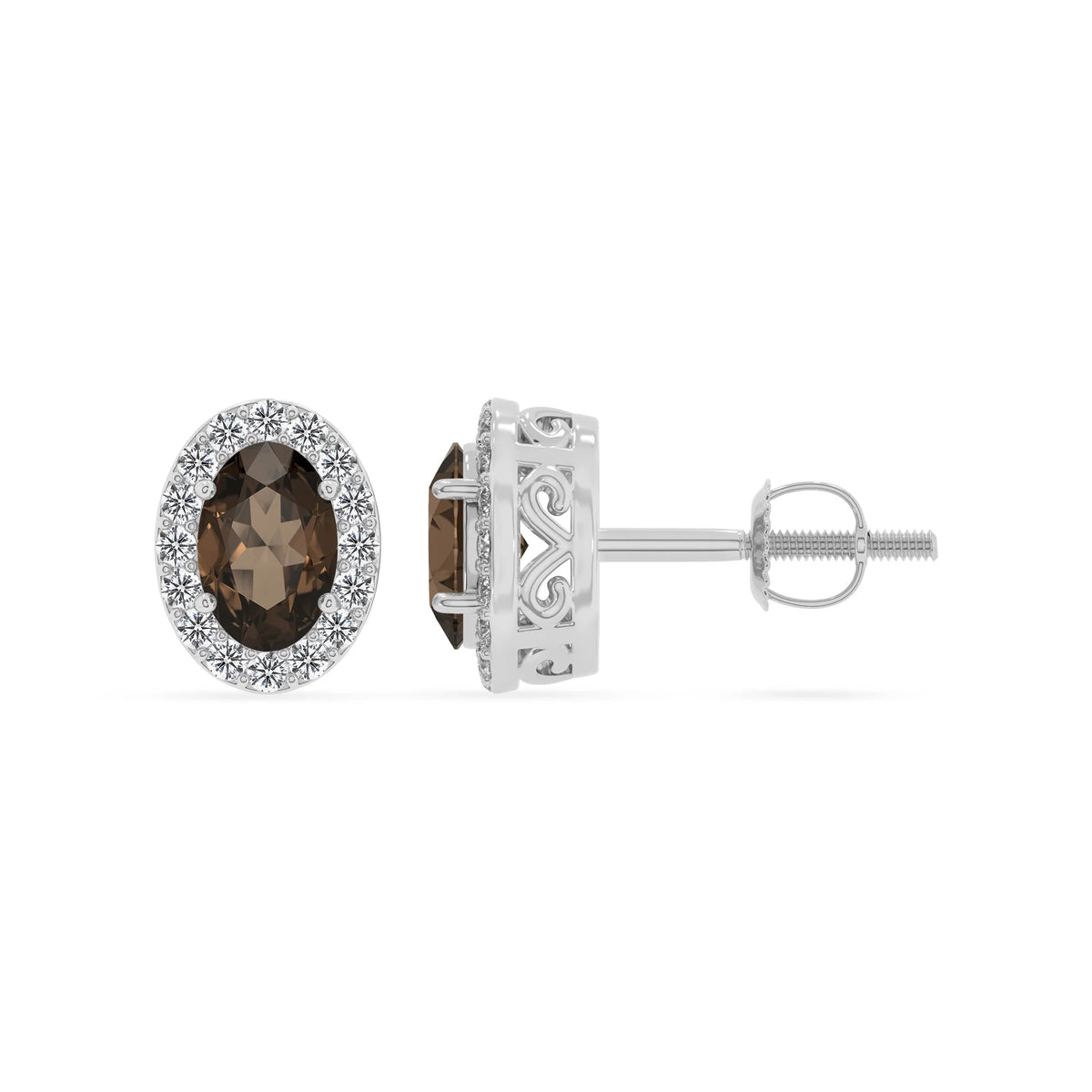 natural smoky quartz oval stud earrings in white gold 