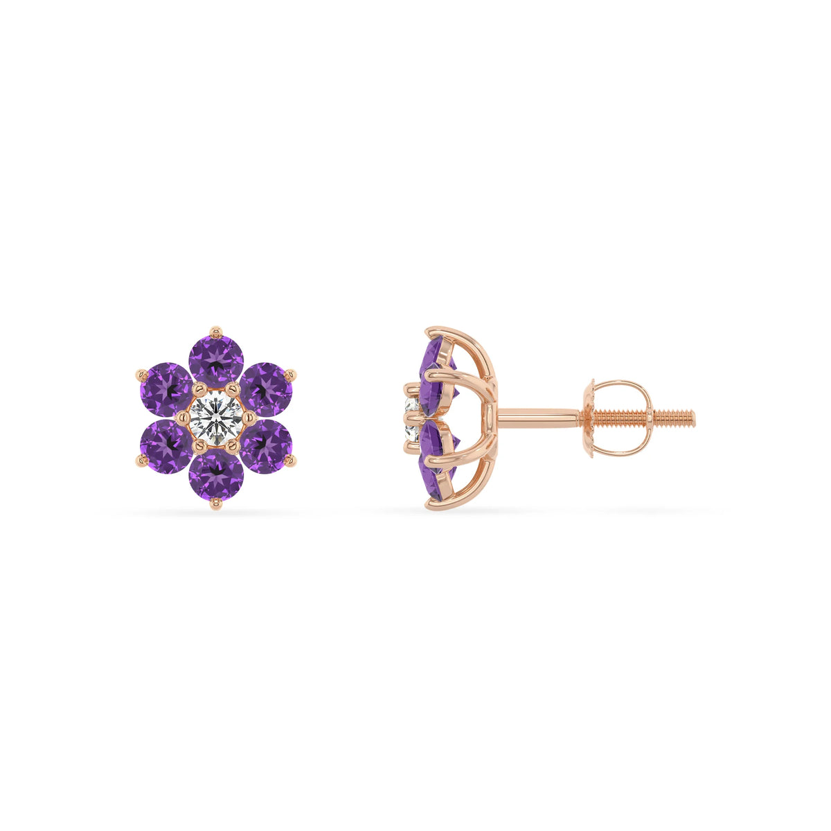 Lab Grown Amethyst Round Stud Earrings with Diamond