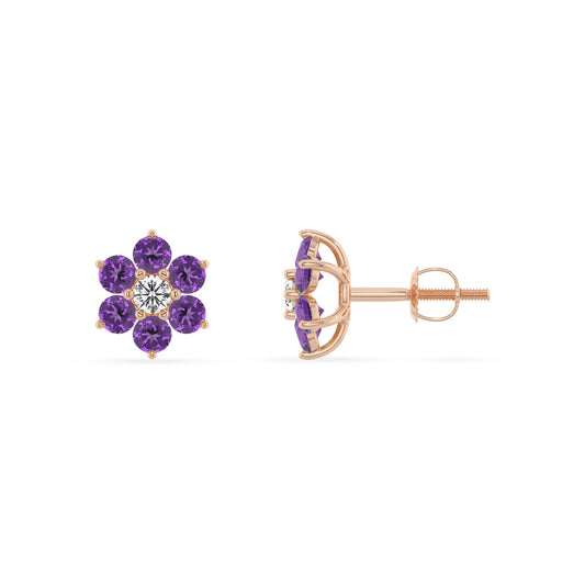 Lab Grown Amethyst Round Stud Earrings with Diamond