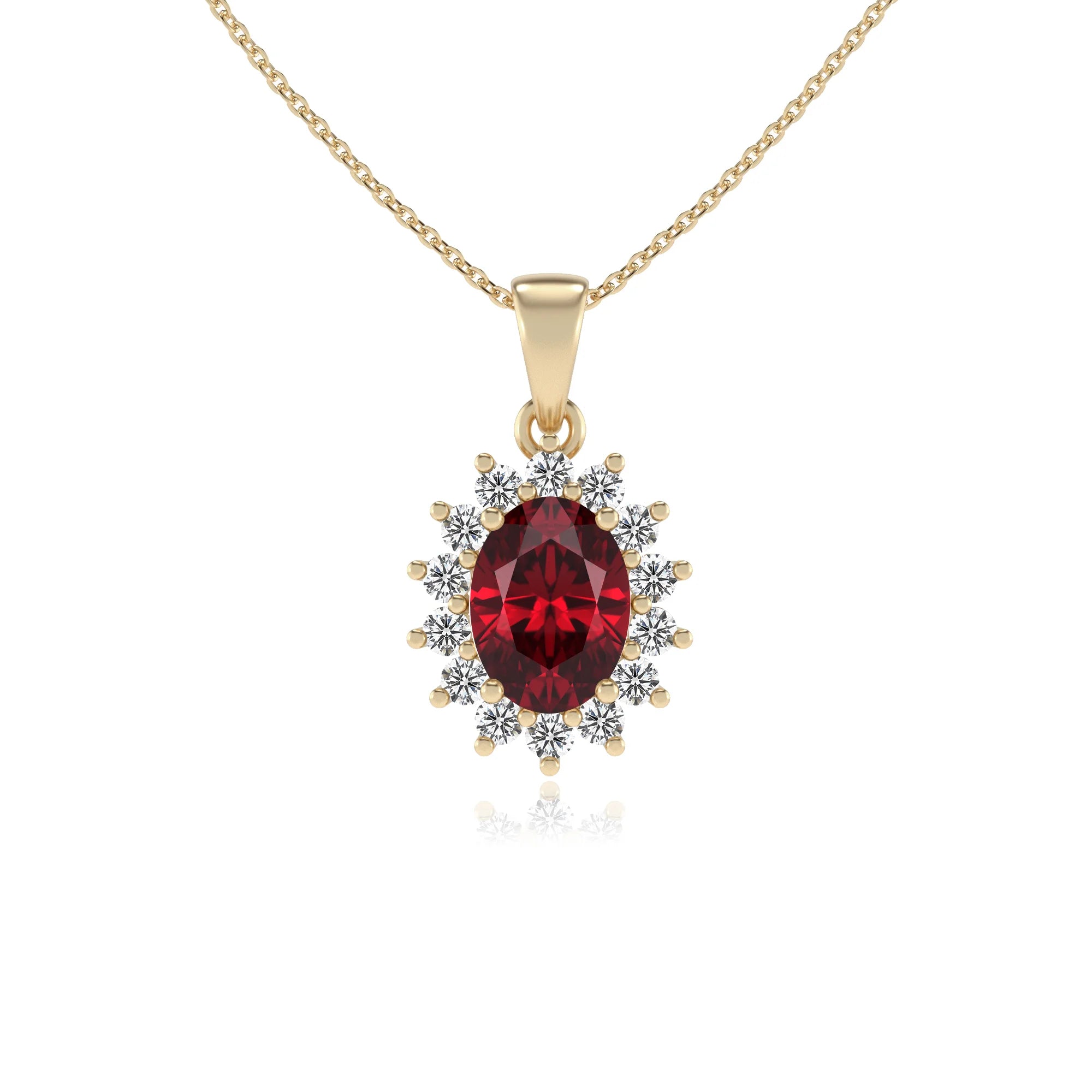 lab grown ruby oval halo necklaces in yellow gold 