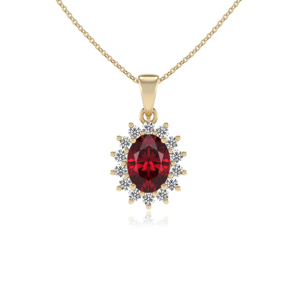 lab grown ruby oval halo necklaces in yellow gold 