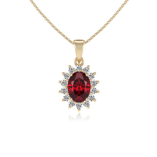 lab grown ruby oval halo necklaces in yellow gold 