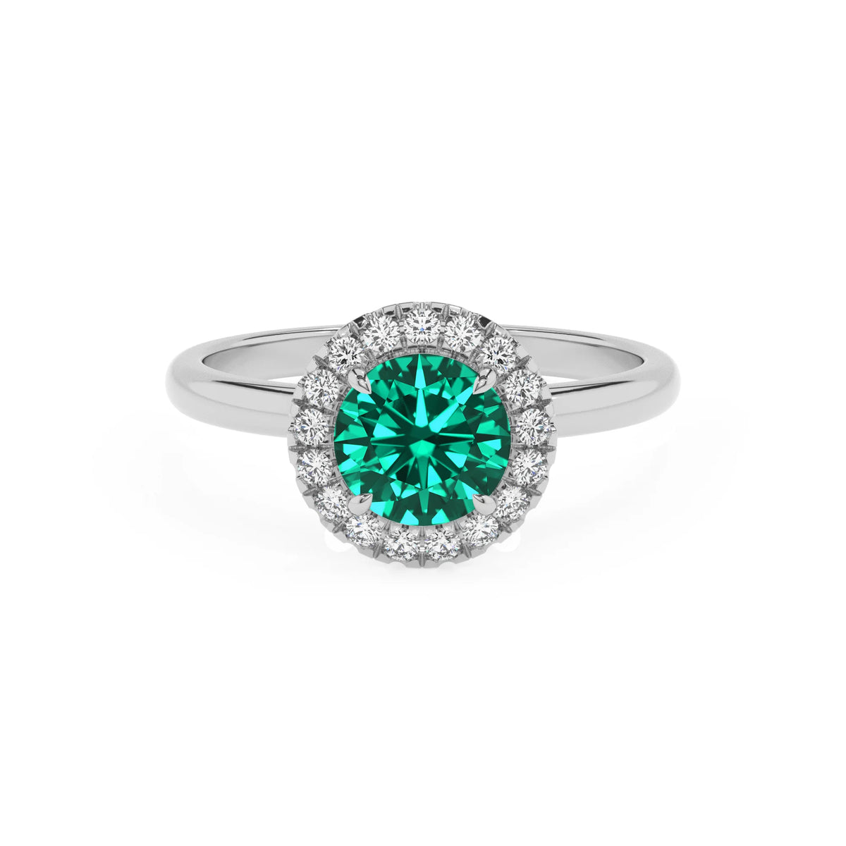 lab grown emerald round solitaire rings in sterling silver 