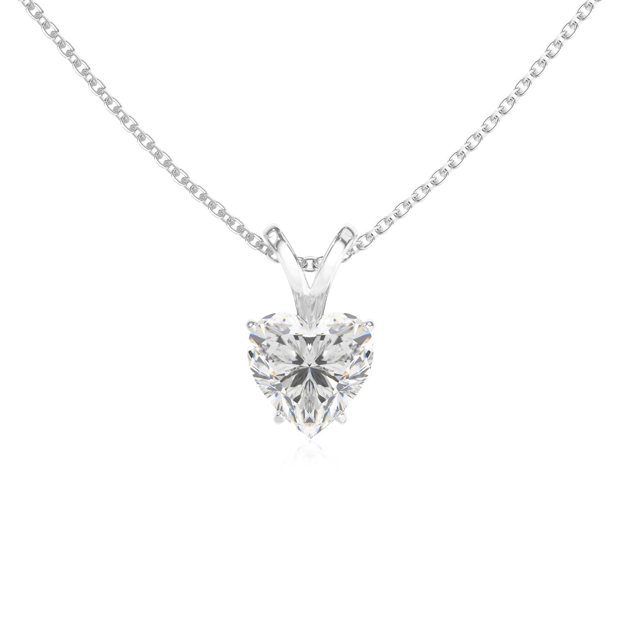 lab grown moissanite heart solitaire v-bale necklaces in sterling silver 