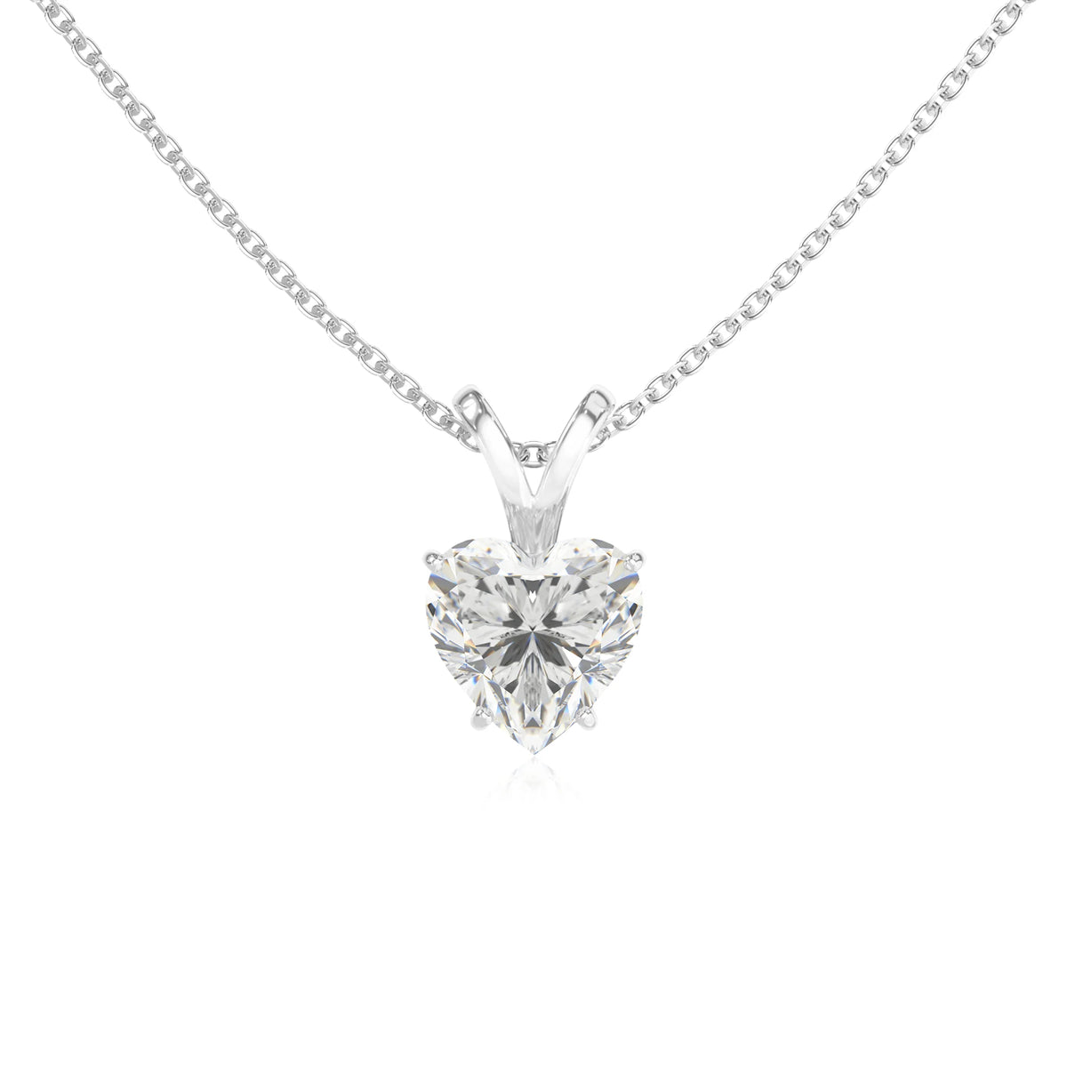 lab grown moissanite heart solitaire v-bale necklaces in sterling silver 