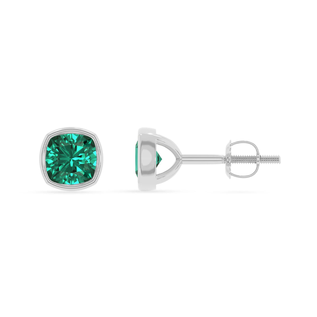 lab grown emerald cushion stud earrings in white gold 