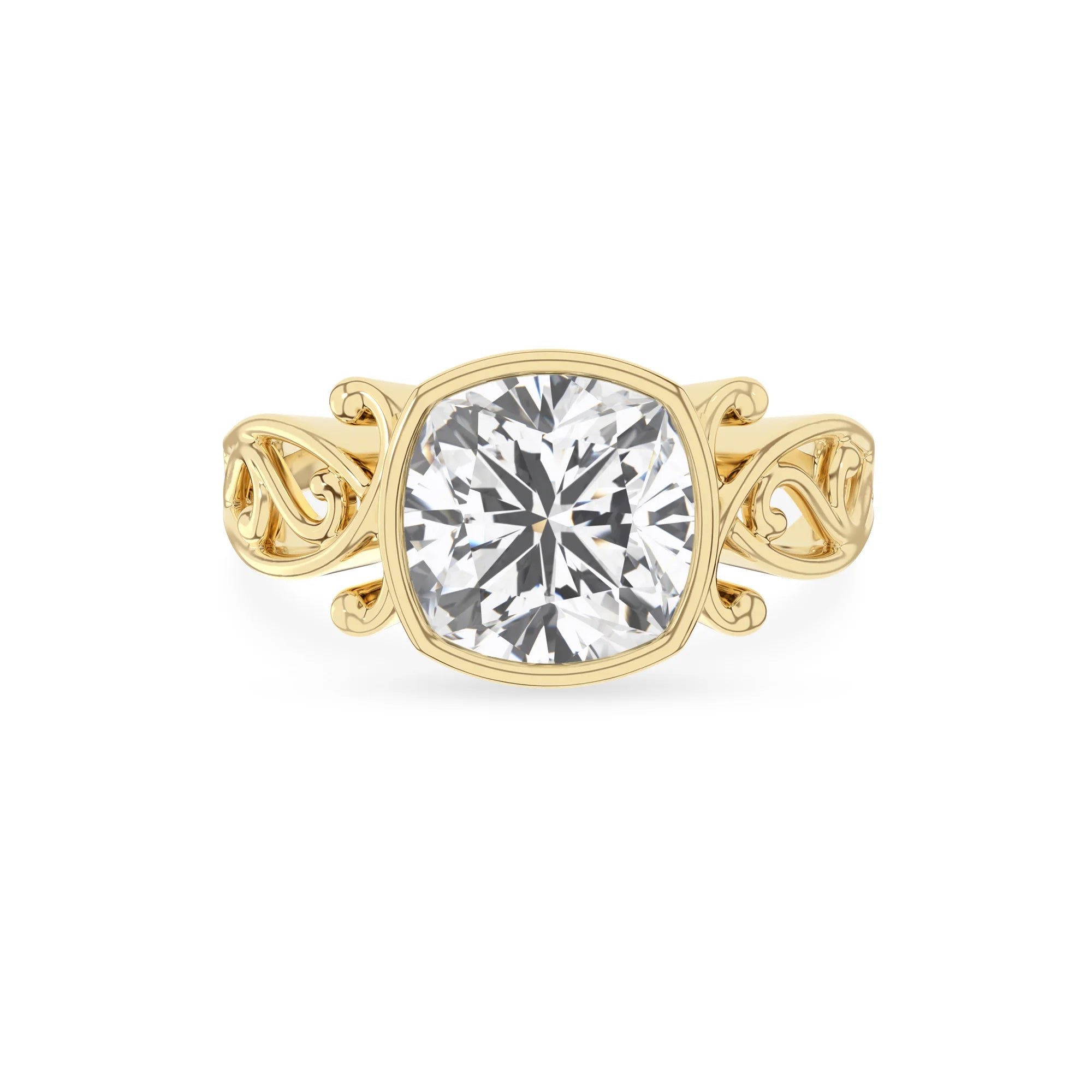 lab grown moissanite cushion solitaire rings in yellow gold 