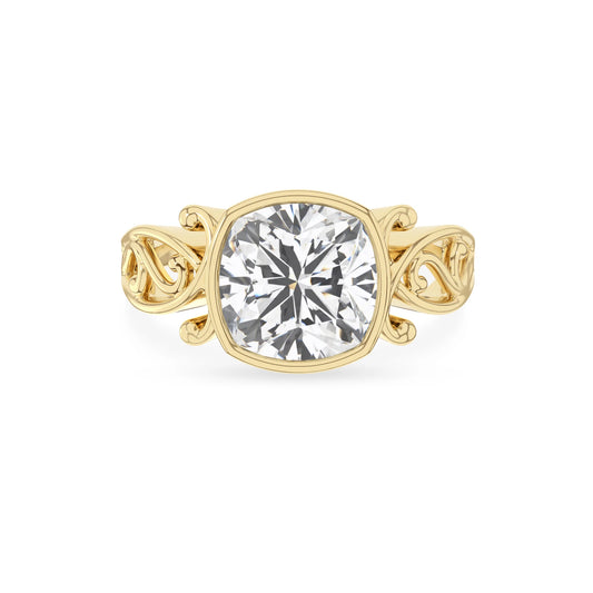lab grown moissanite cushion solitaire rings in yellow gold 