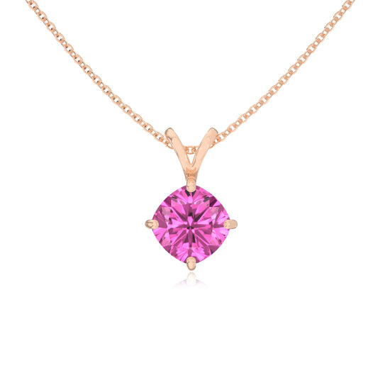 lab grown pink-sapphire cushion solitaire v-bale necklaces in rose gold 