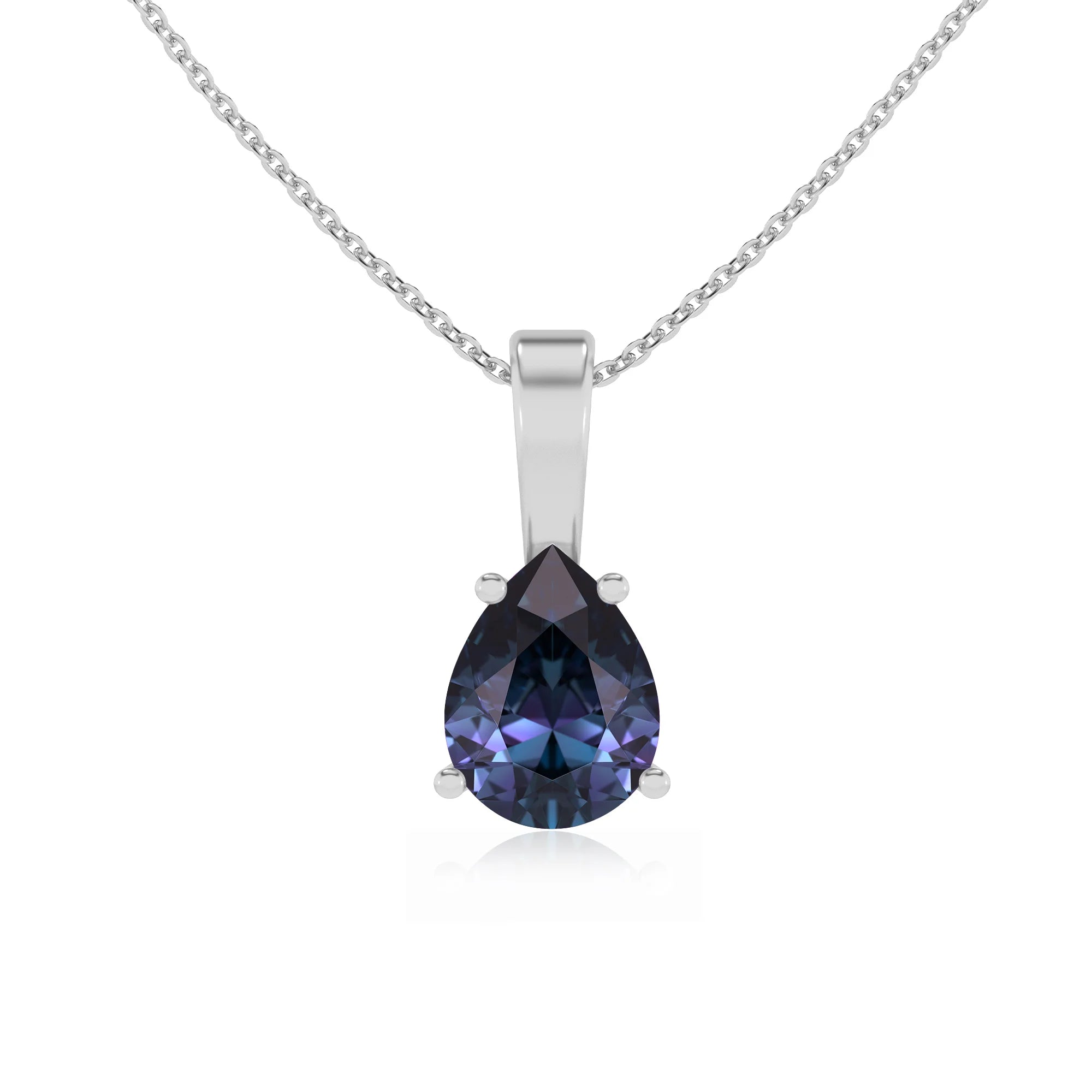 lab grown alexandrite pear solitaire necklaces in white gold 