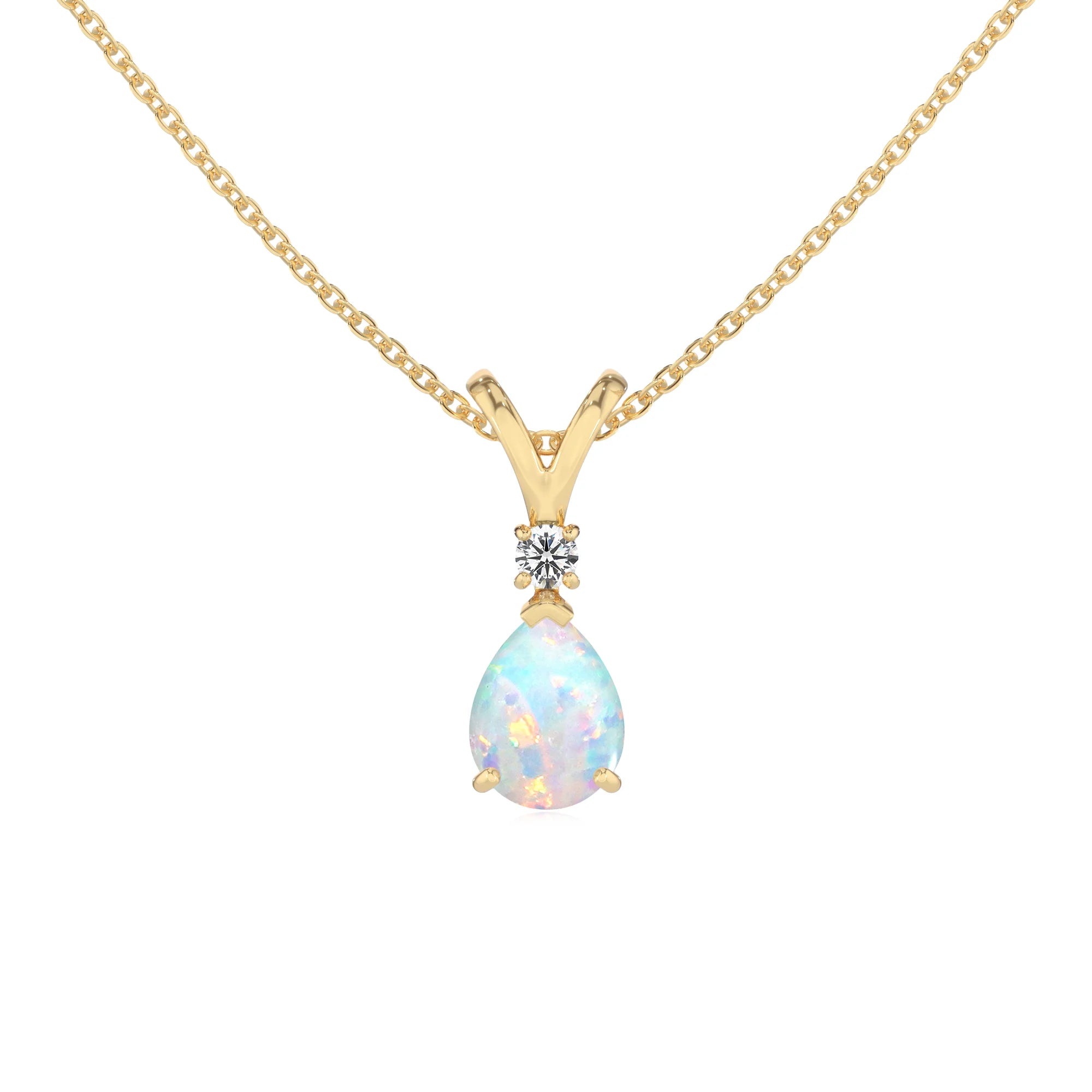 lab grown opal pear solitaire v-bale necklaces in yellow gold 