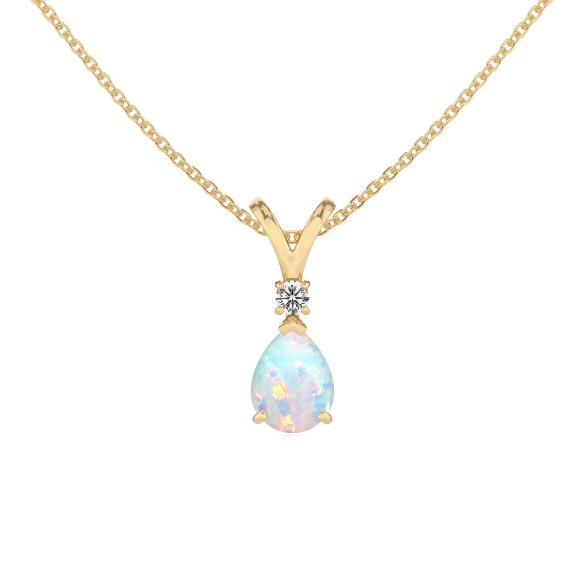 lab grown opal pear solitaire v-bale necklaces in yellow gold 