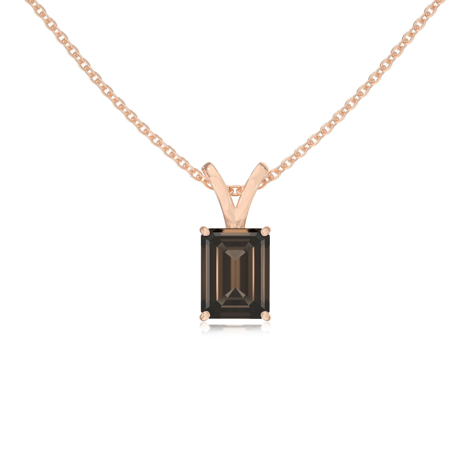 natural smoky-quartz emerald cut solitaire v-bale necklaces in rose gold 