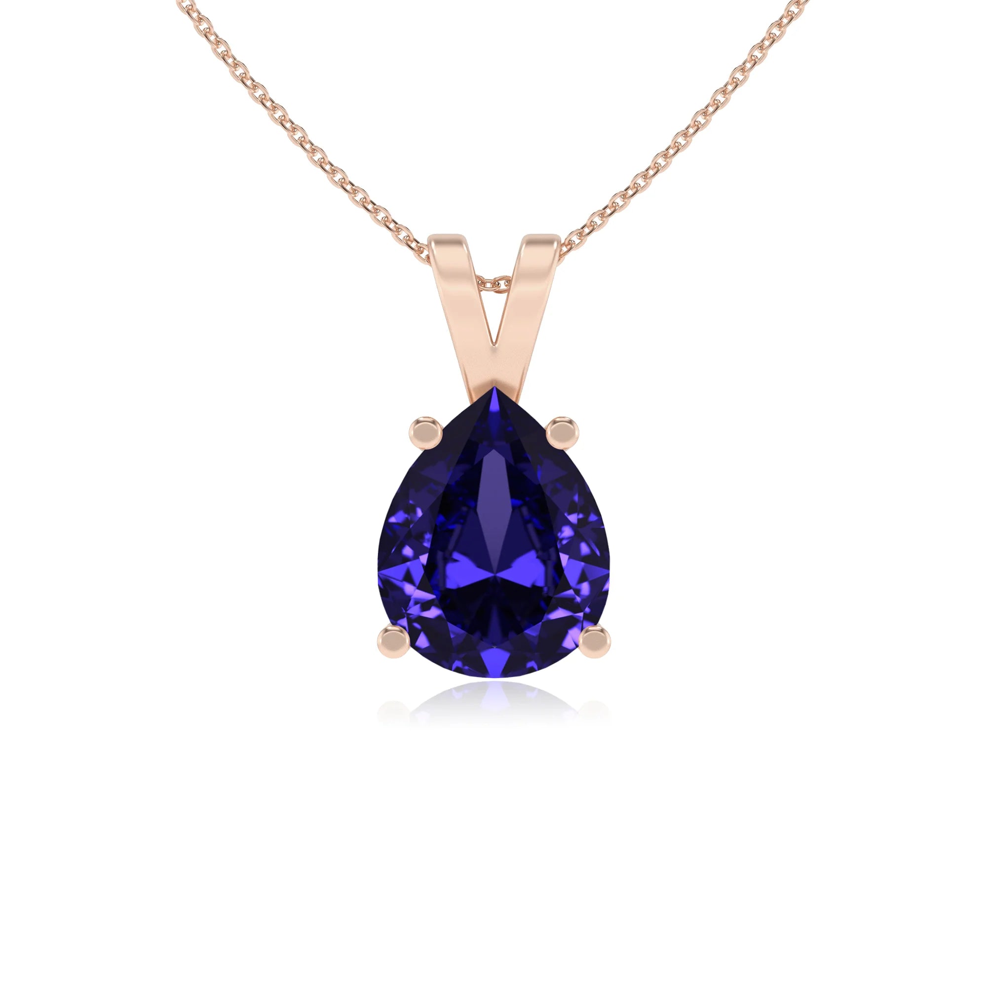lab grown tanzanite pear solitaire v-bale necklaces in rose gold 