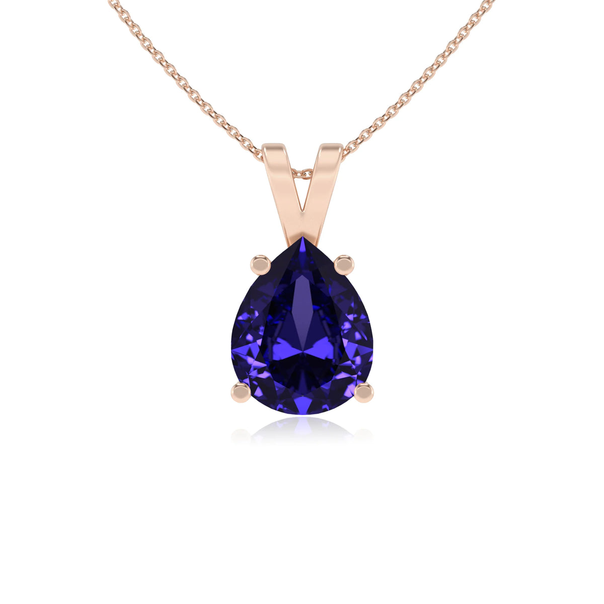 lab grown tanzanite pear solitaire v-bale necklaces in rose gold 