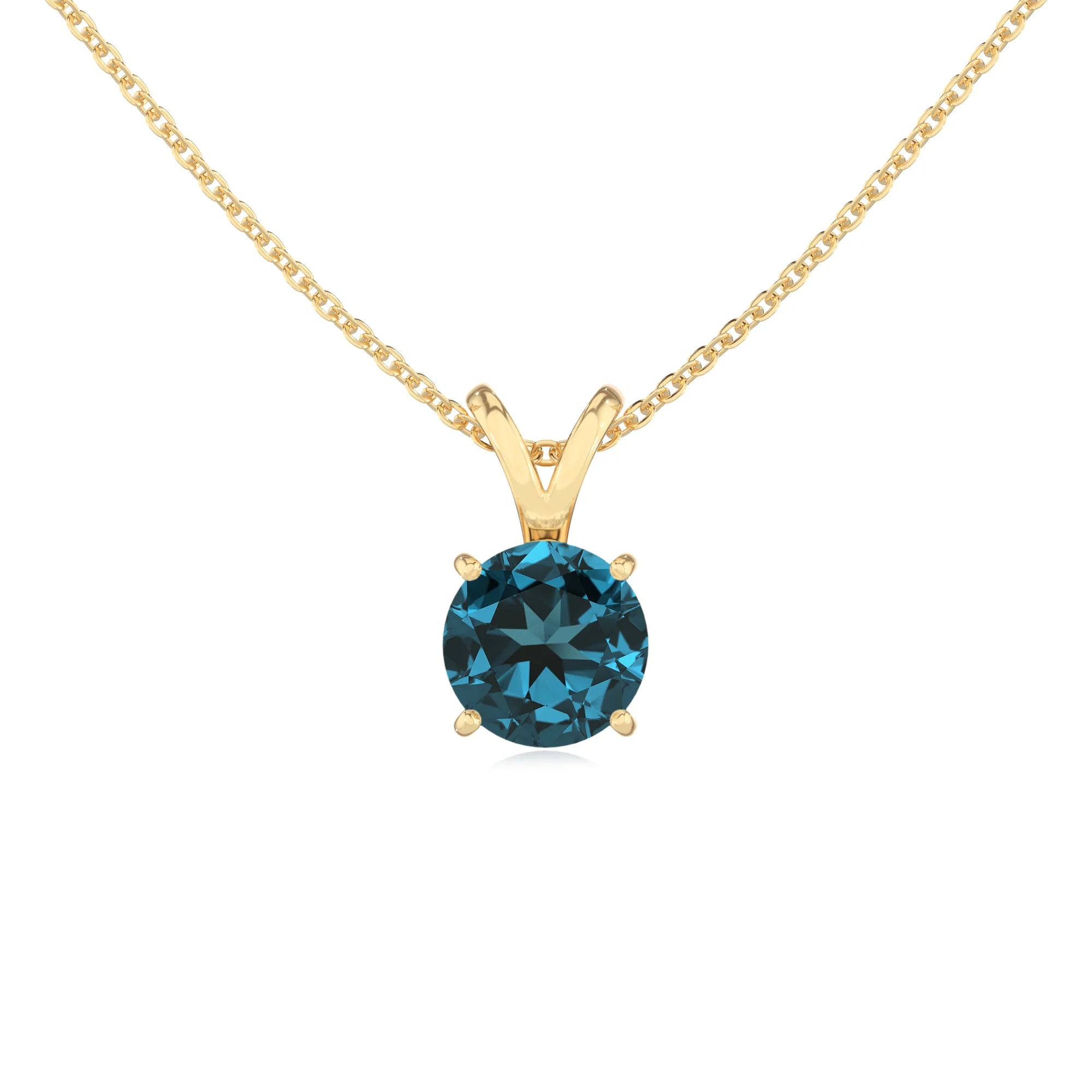 natural london-blue-topaz round solitaire v-bale necklaces in yellow gold 