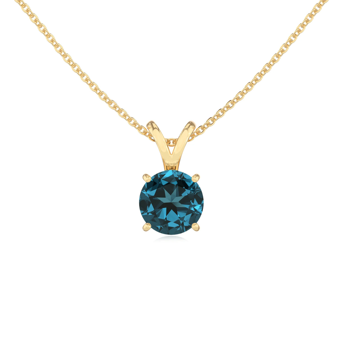 natural london-blue-topaz round solitaire v-bale necklaces in yellow gold 