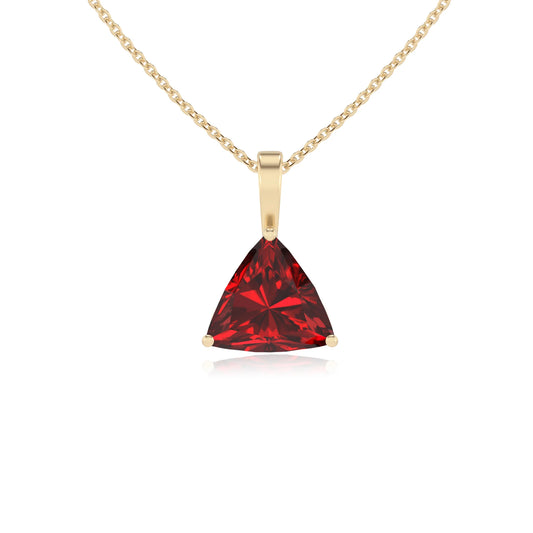 lab grown ruby trillion solitaire necklaces in yellow gold 