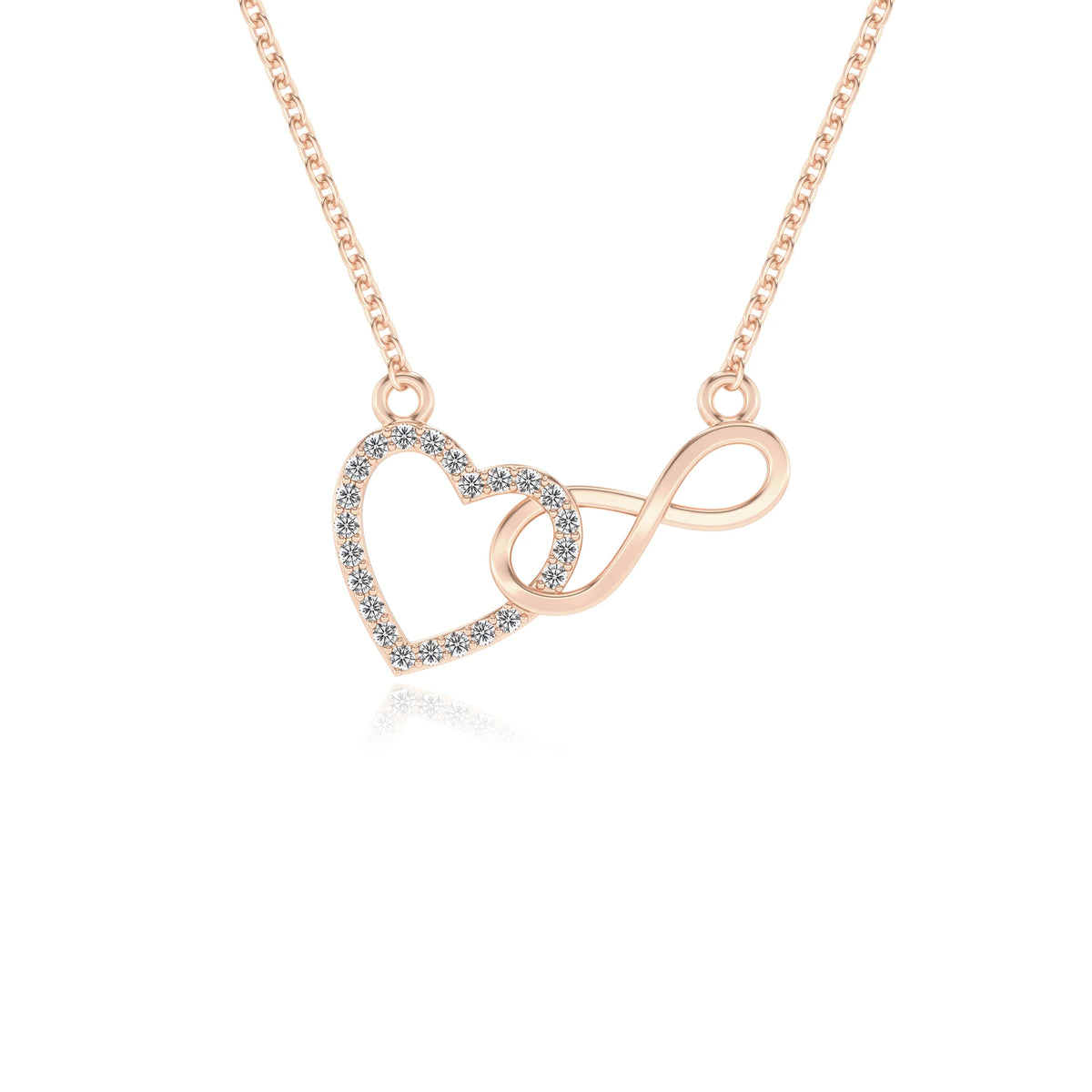 lab grown moissanite round infinity necklaces in rose gold 