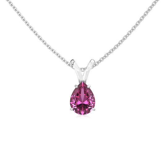 lab grown pink-sapphire pear solitaire v-bale necklaces in white gold 