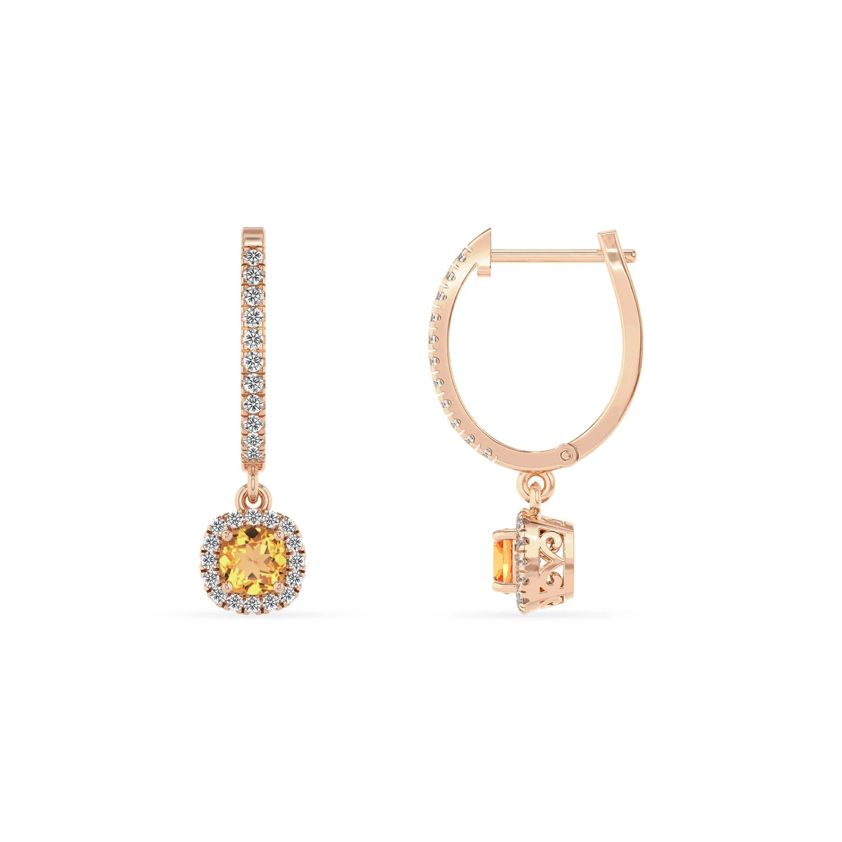 lab grown citrine cushion drop earrings in rose gold 