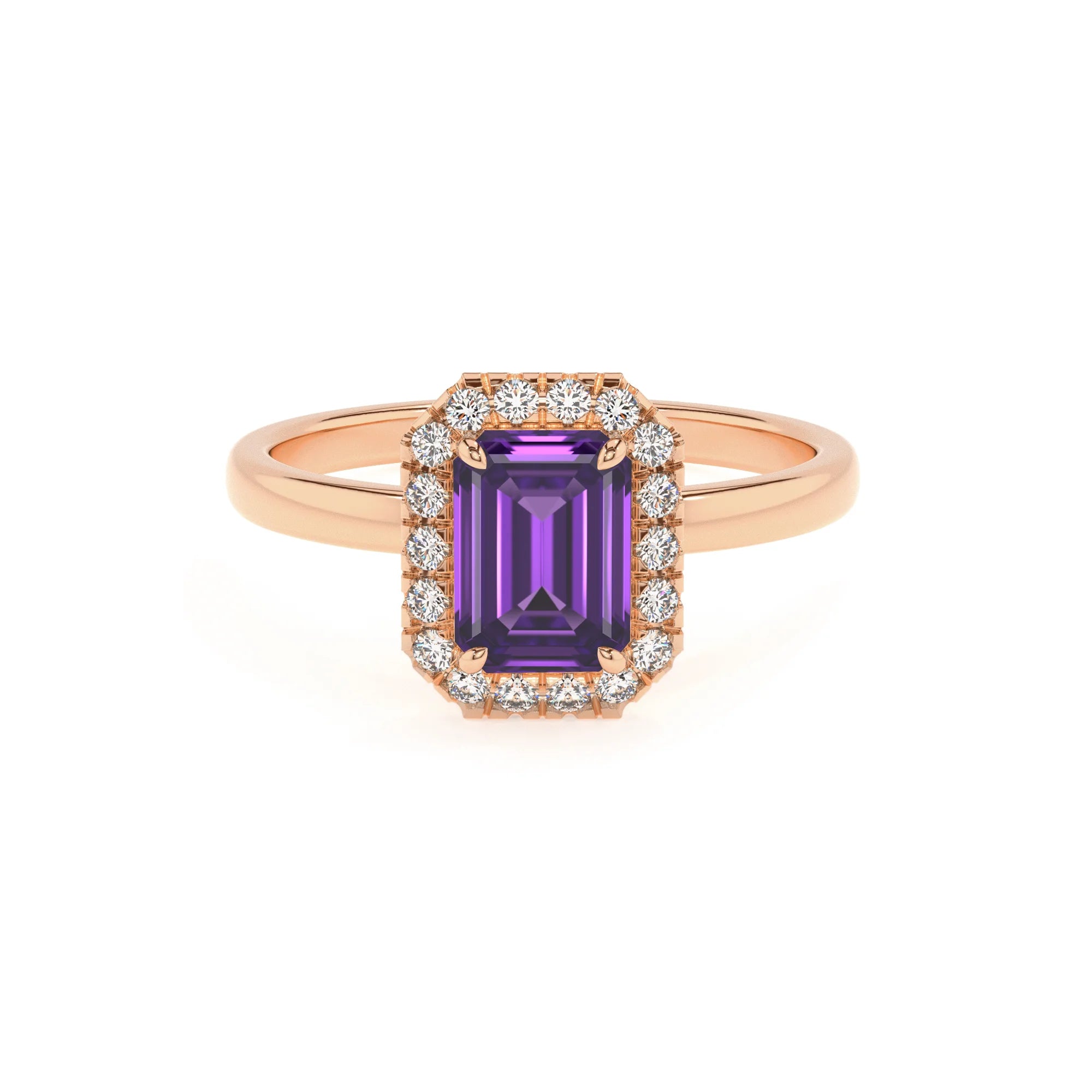 lab grown amethyst emerald cut solitaire rings in rose gold 