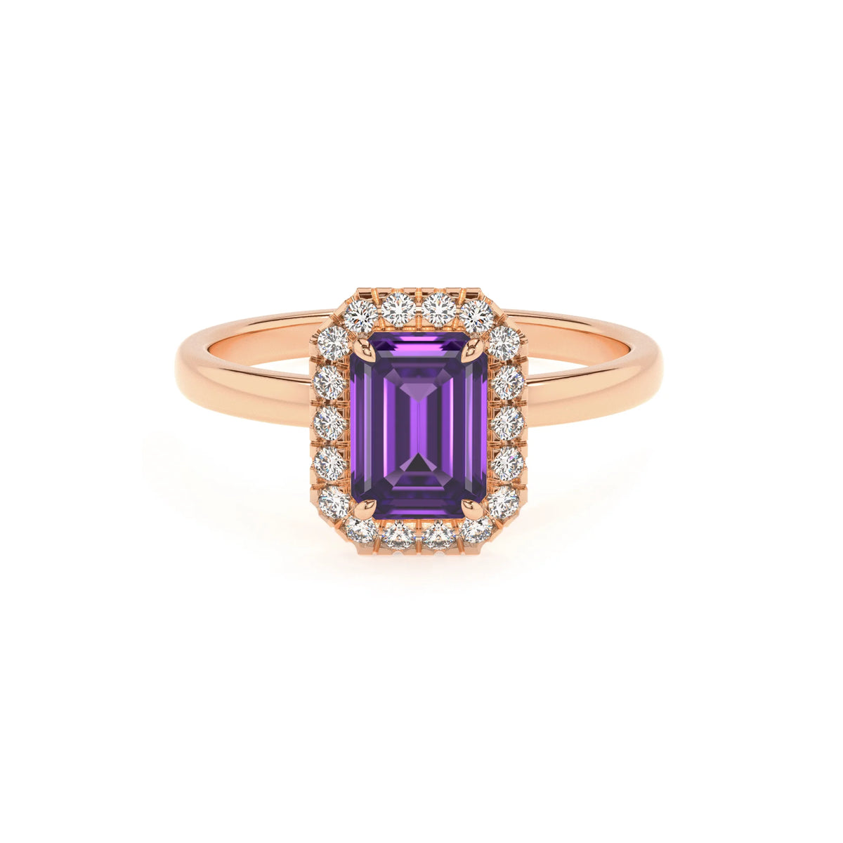 lab grown amethyst emerald cut solitaire rings in rose gold 