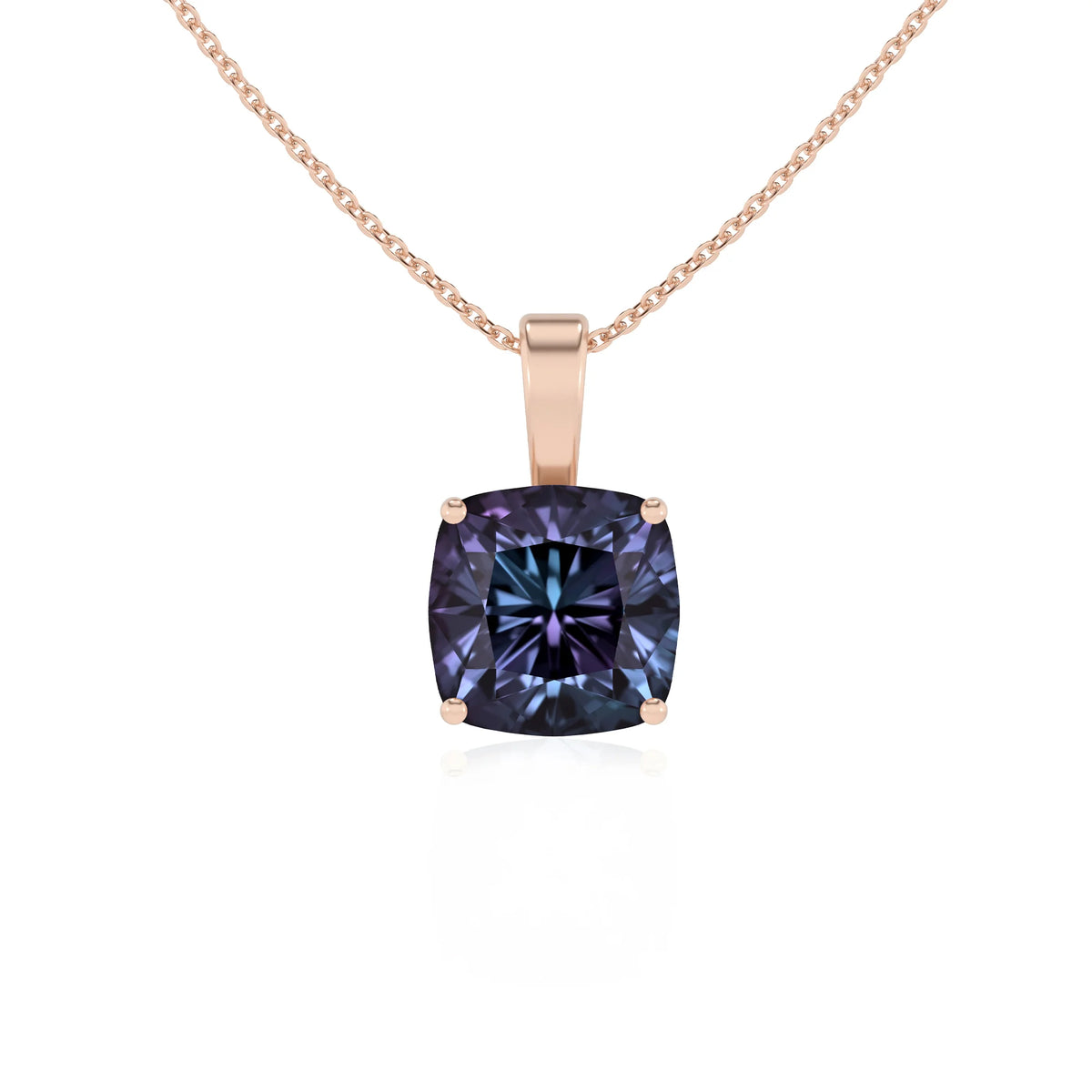 lab grown alexandrite cushion solitaire necklaces in rose gold 