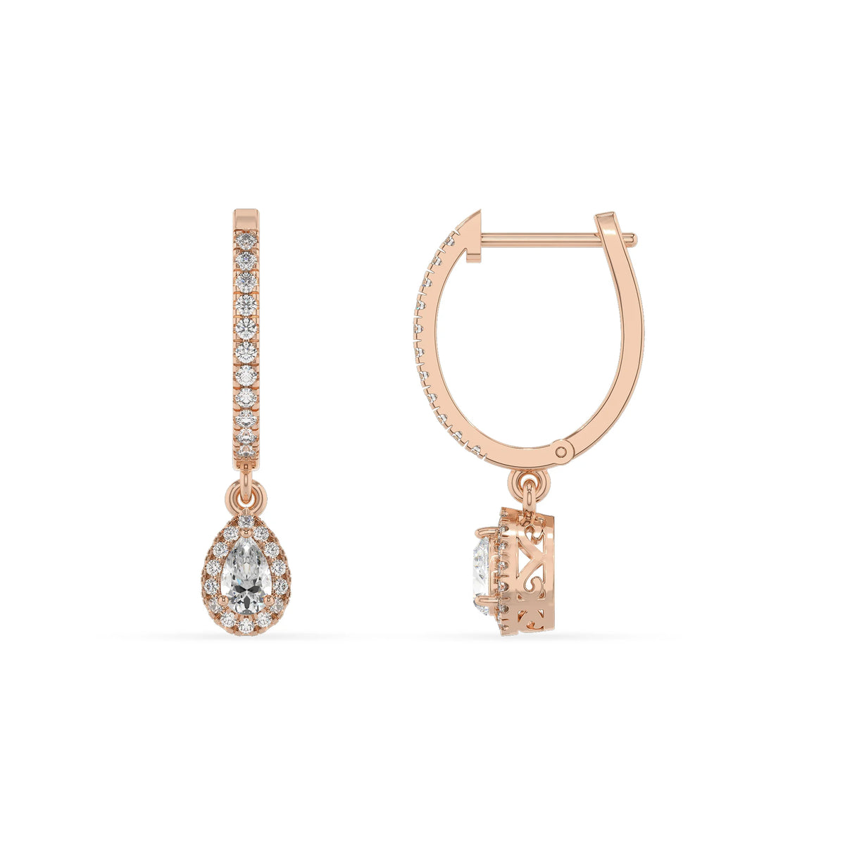lab grown moissanite pear drop earrings in rose gold 