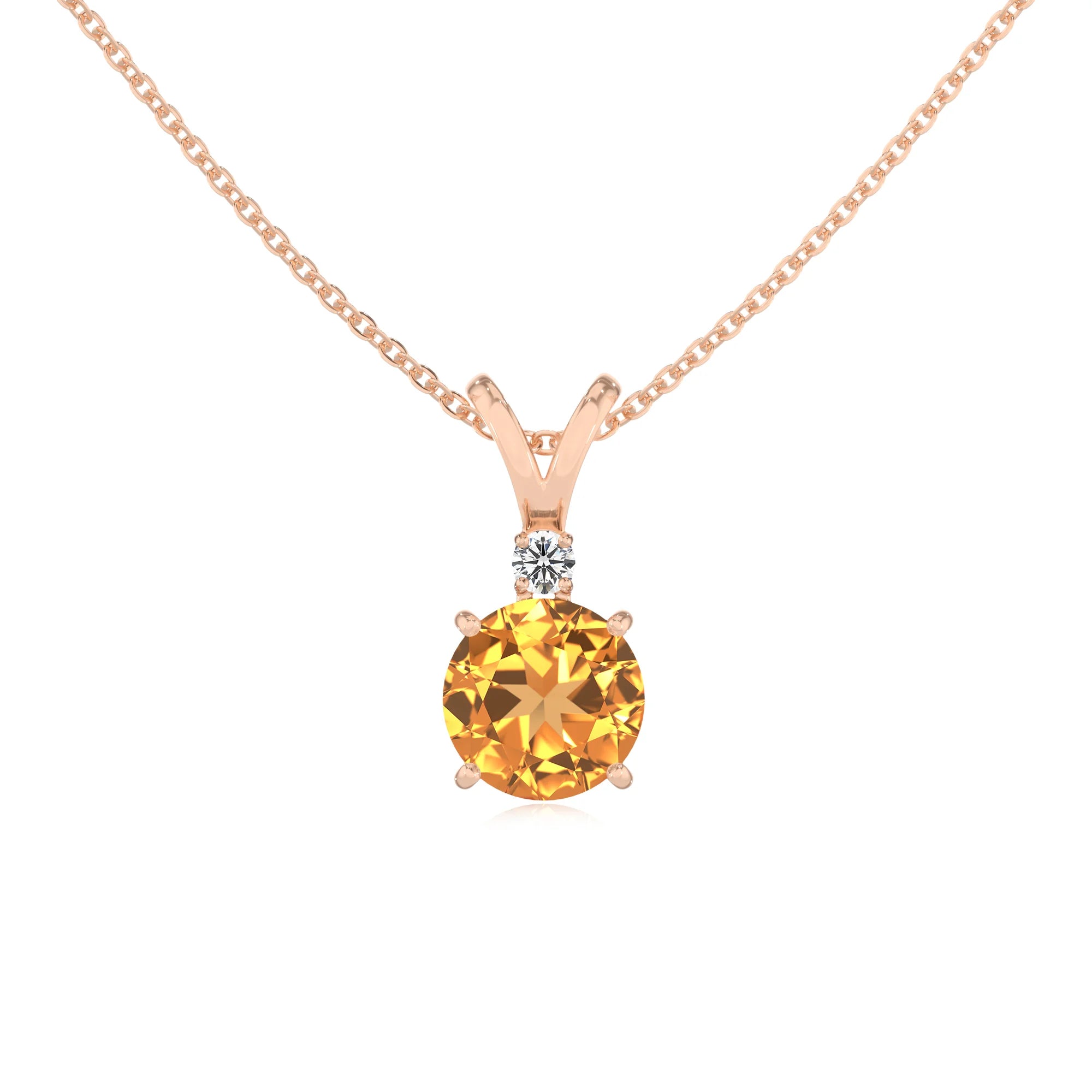 lab grown citrine round solitaire v-bale necklaces in rose gold 