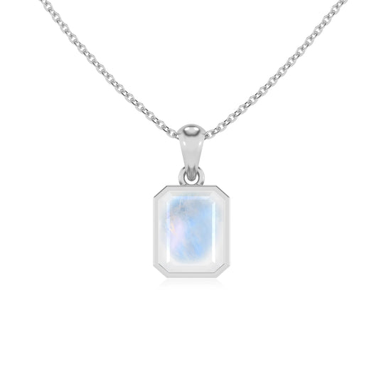 natural rainbow-moonstone emerald cut solitaire necklaces in platinum 