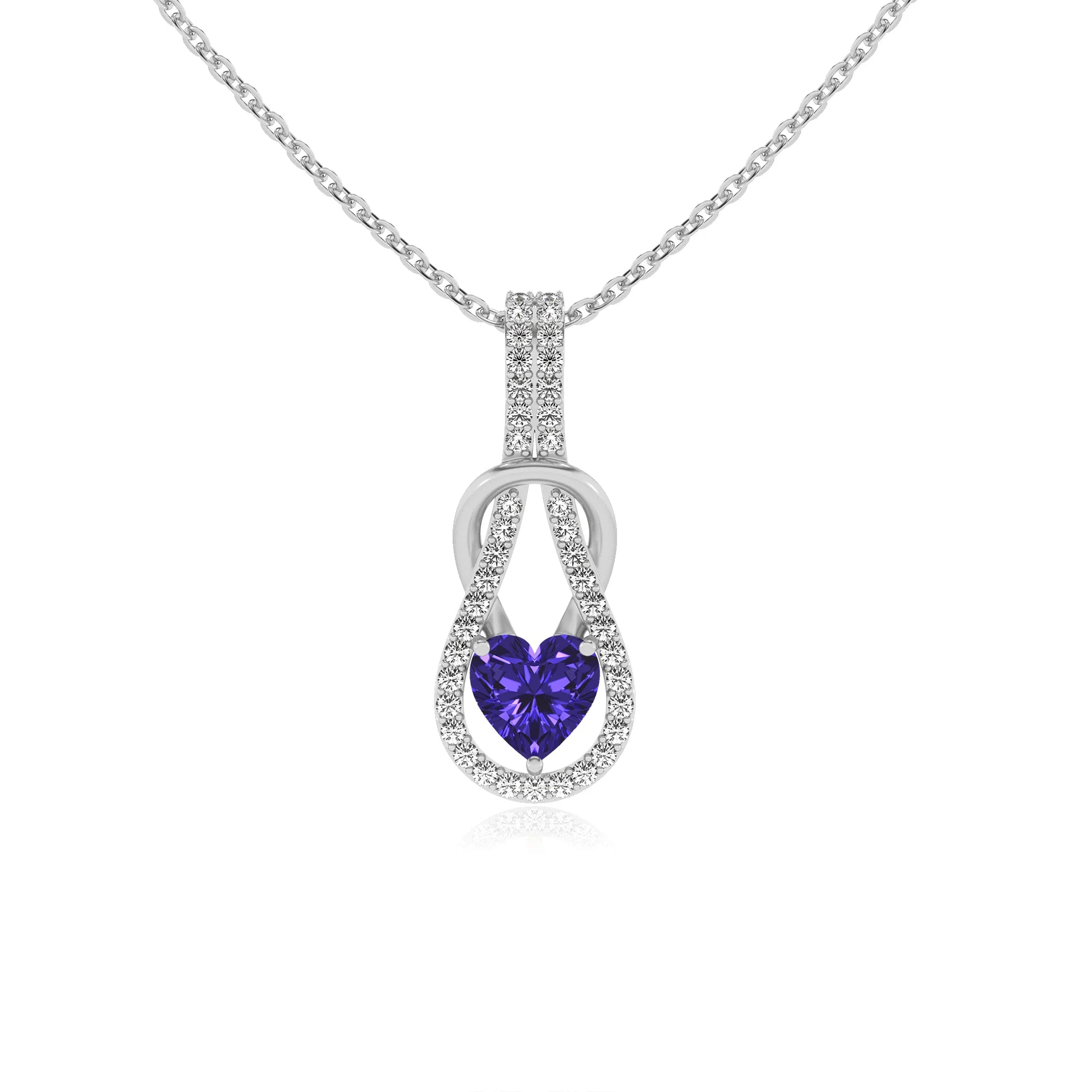lab grown tanzanite heart infinity  v-bale necklaces in white gold 