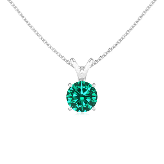 lab grown emerald round solitaire v-bale necklaces in white gold 