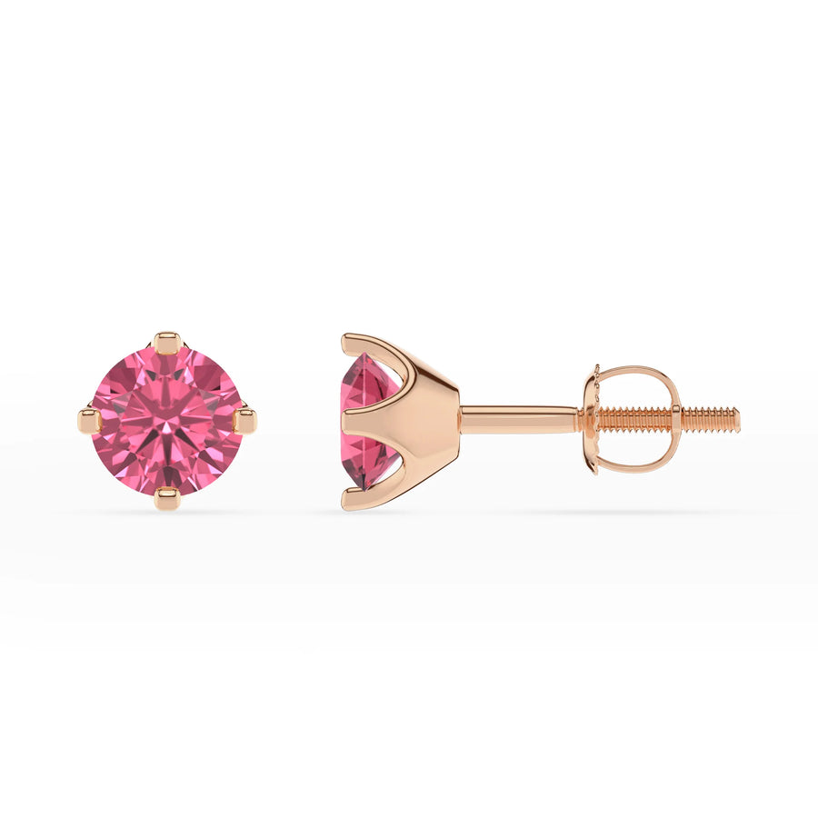lab grown pink tourmaline round stud earrings in rose gold 