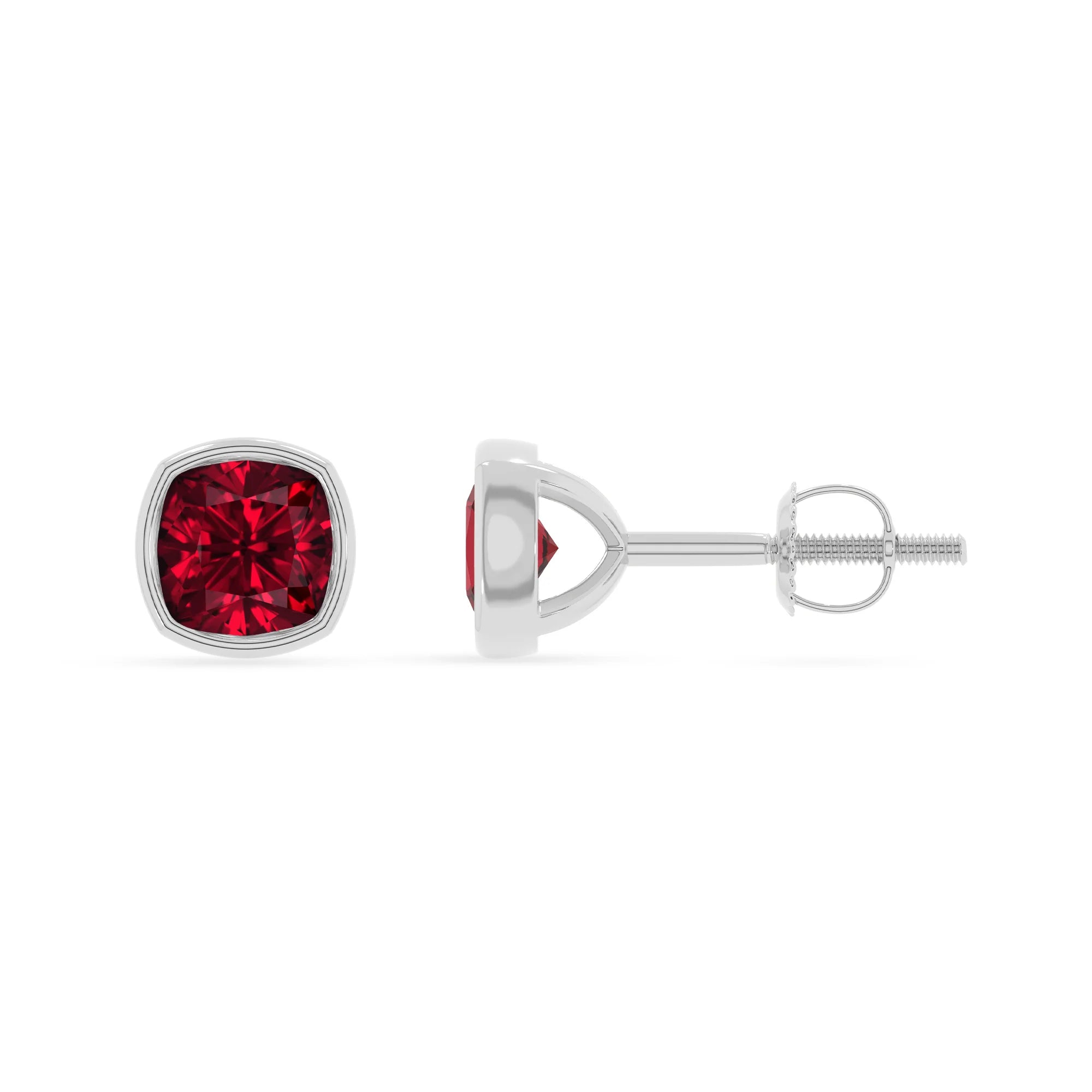 lab grown ruby cushion stud earrings in white gold 