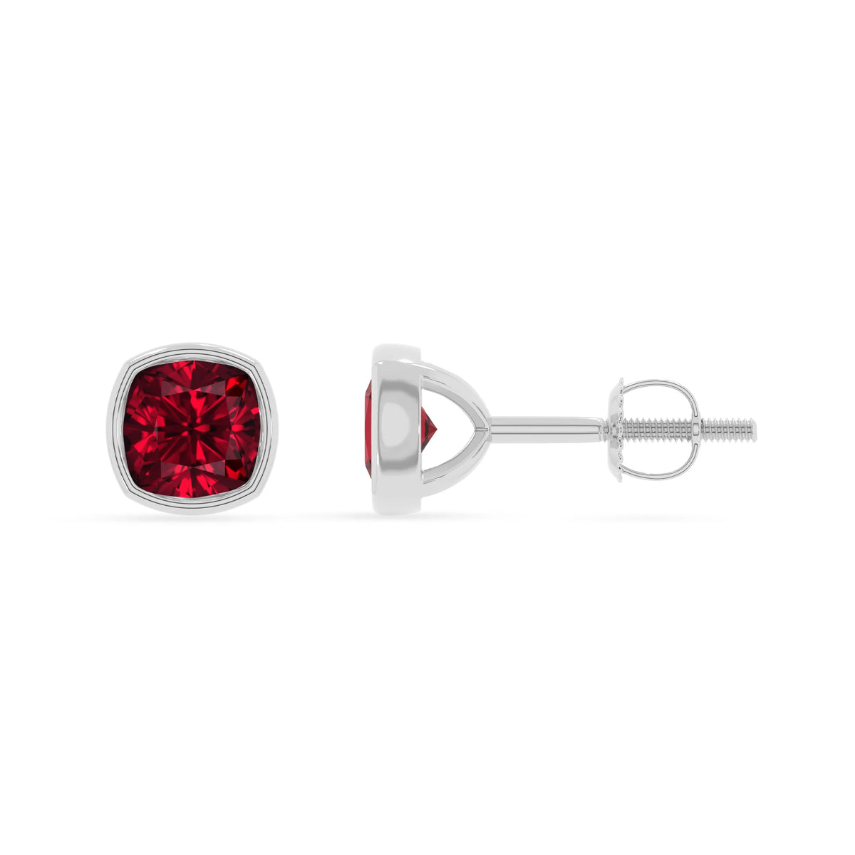 lab grown ruby cushion stud earrings in white gold 