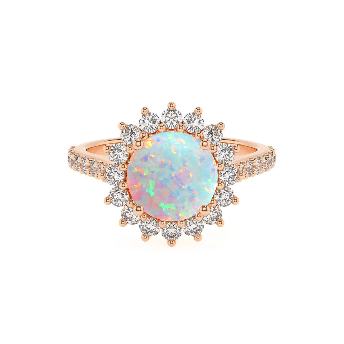 lab grown opal round solitaire rings in rose gold 