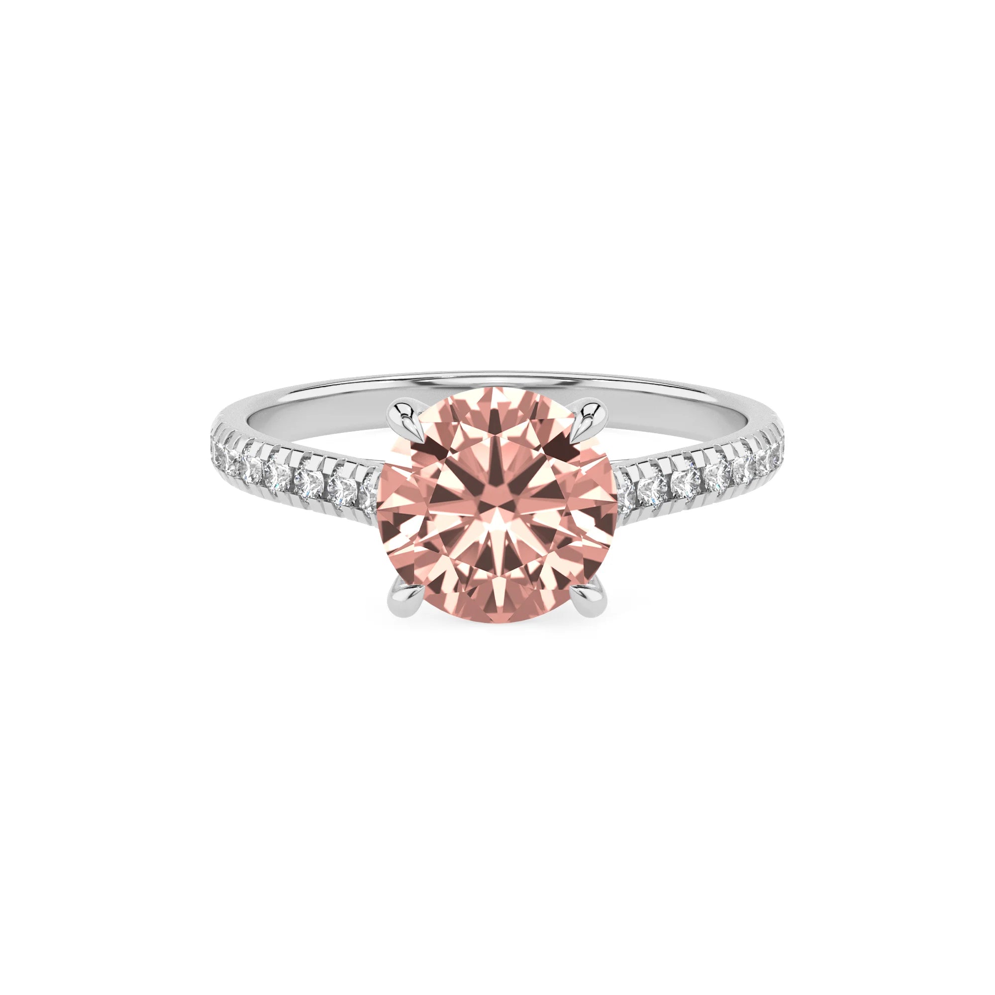 lab grown morganite round half eternity solitaire engagement rings in sterling silver 