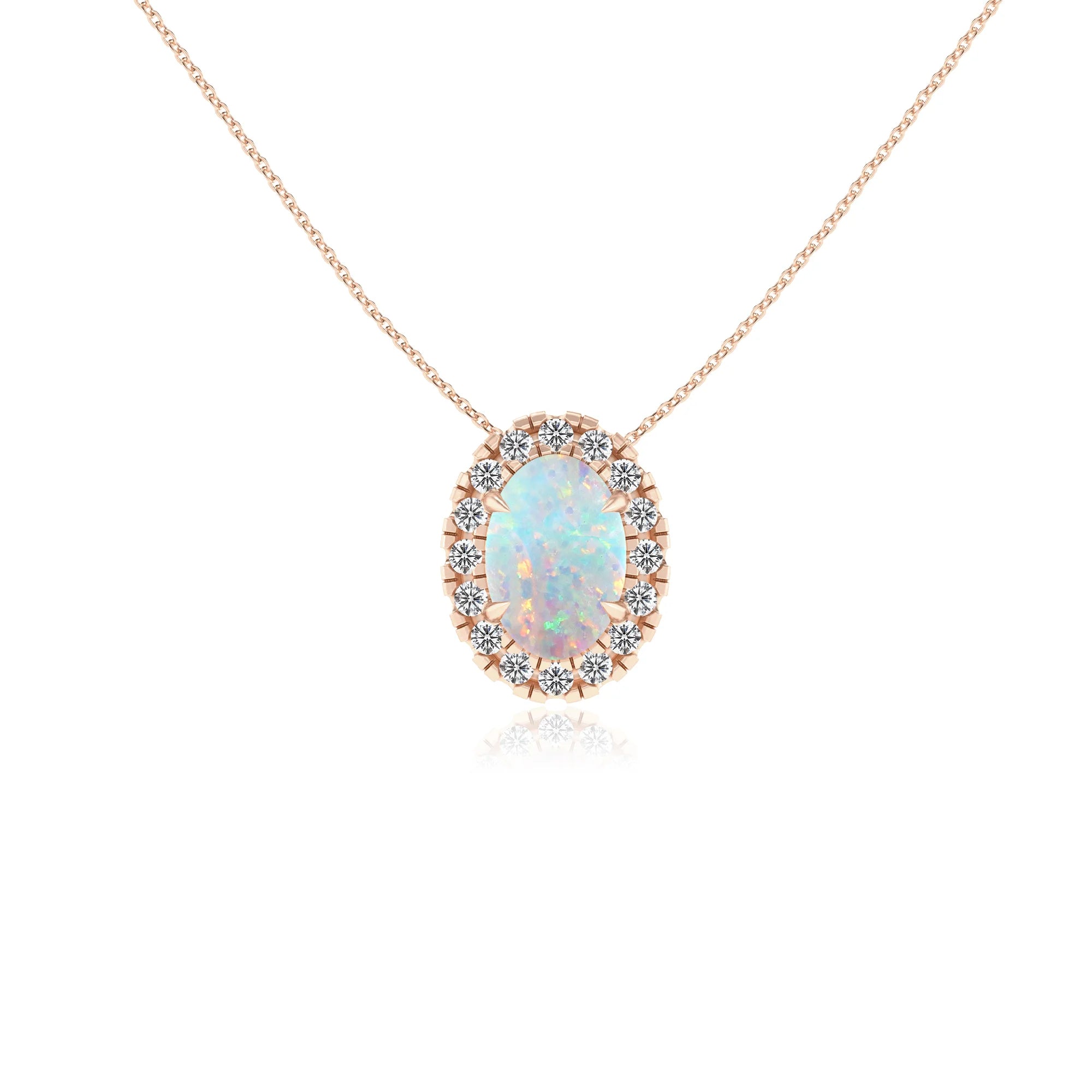 lab grown opal oval solitaire necklaces in rose gold 