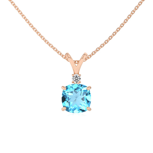 natural swiss-blue-topaz cushion solitaire v-bale necklaces in rose gold 