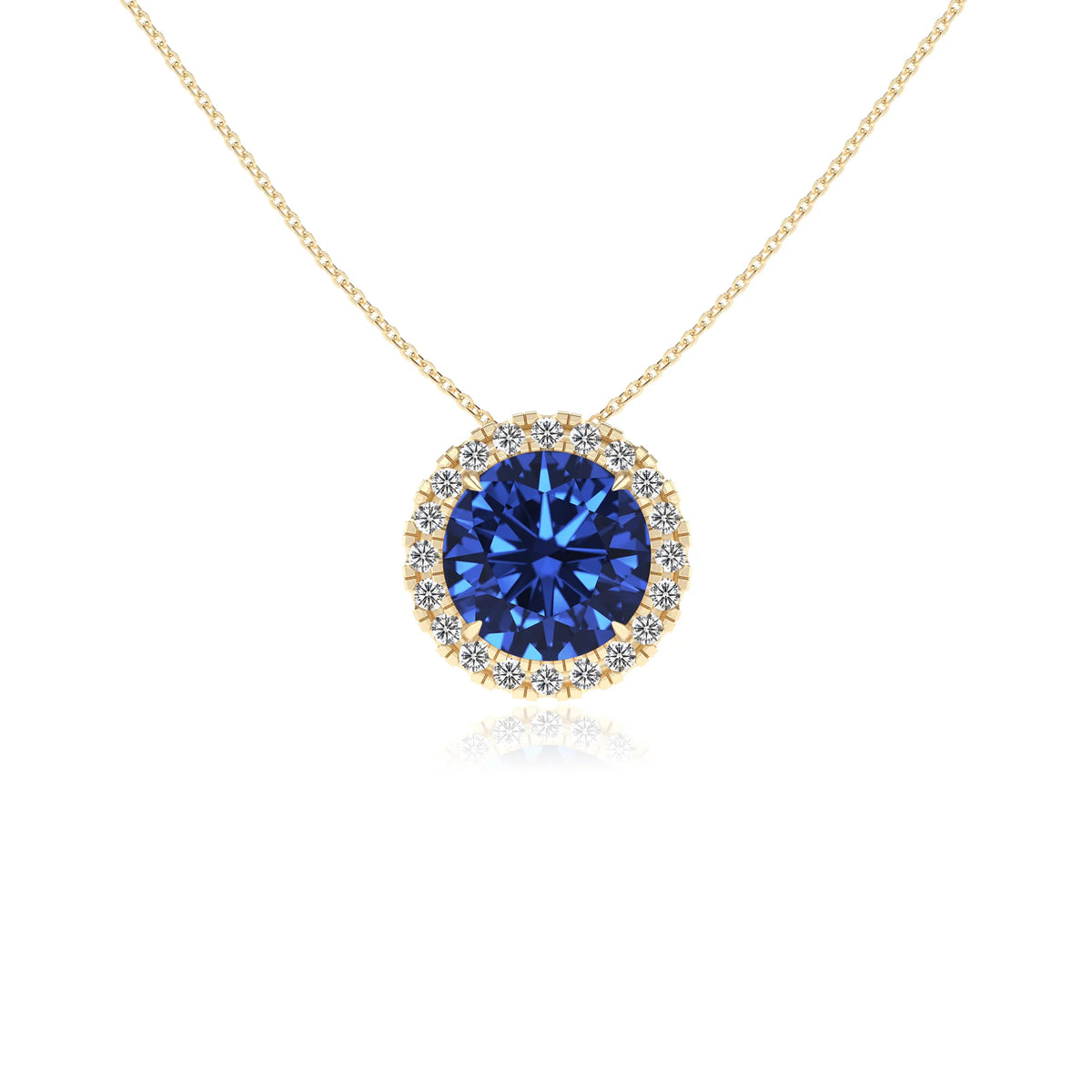 lab grown blue sapphire round solitaire necklaces in yellow gold 