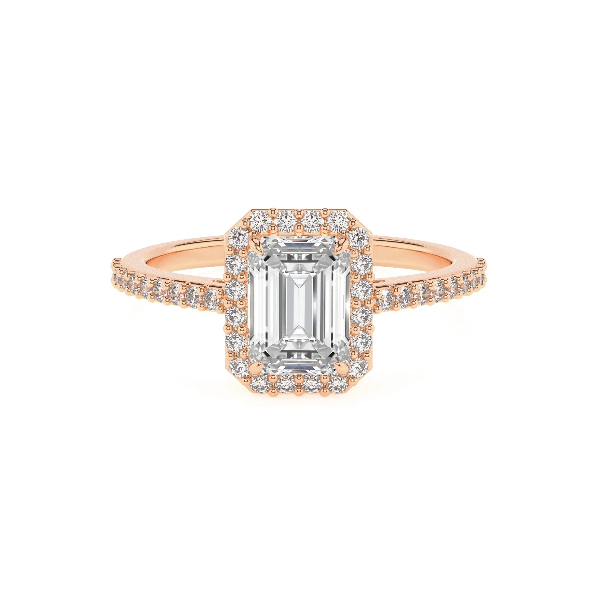 lab grown moissanite emerald cut solitaire rings in rose gold 