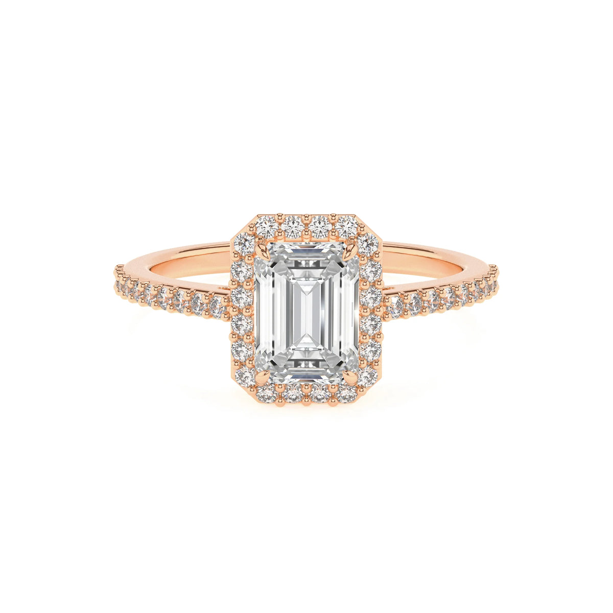 lab grown moissanite emerald cut solitaire rings in rose gold 