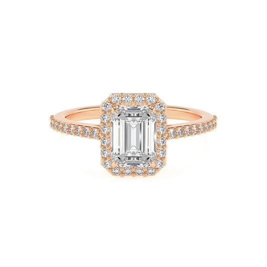 lab grown moissanite emerald cut solitaire rings in rose gold 