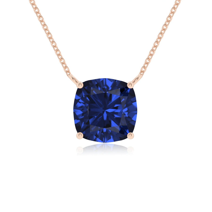 lab grown blue-sapphire cushion solitaire necklaces in rose gold 