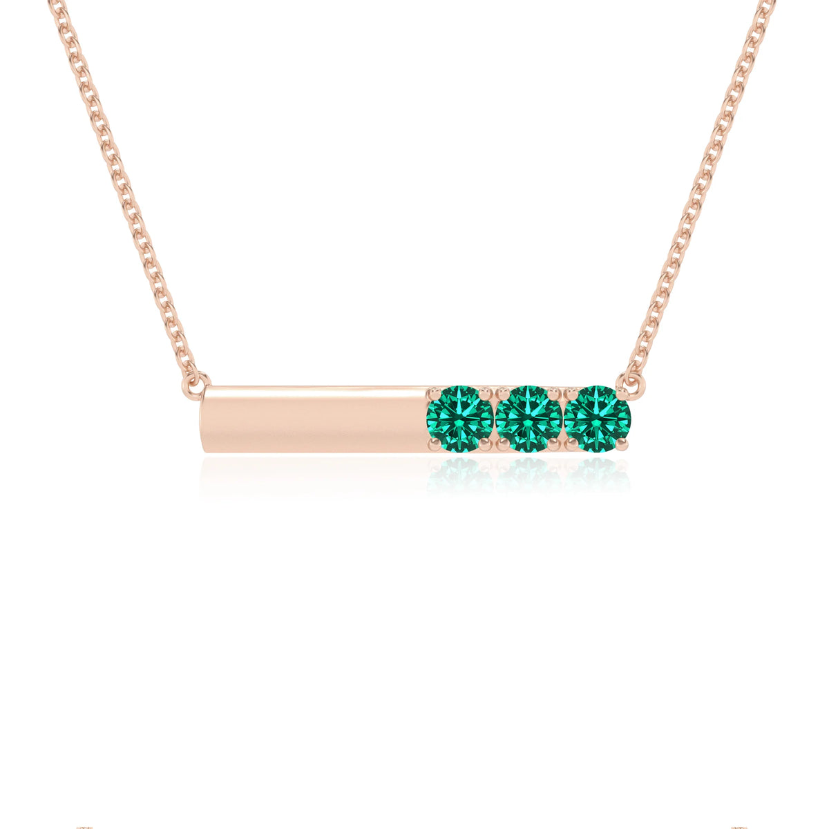 lab grown emerald round bar v-bale necklaces in rose gold 