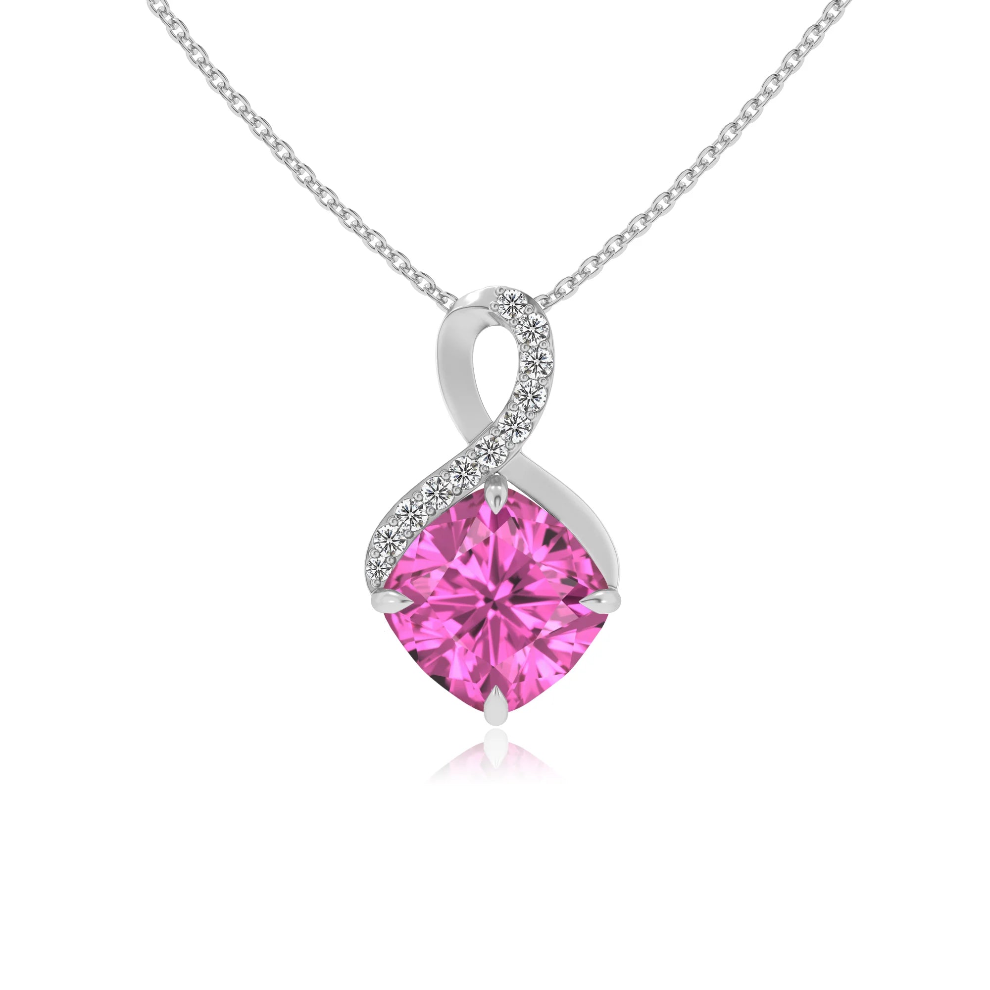 lab grown pink-sapphire cushion infinity necklaces in white gold 