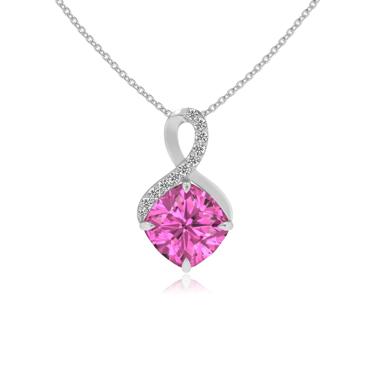 lab grown pink-sapphire cushion infinity necklaces in white gold 